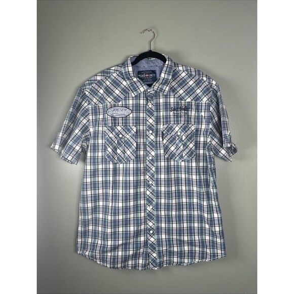 Ecko Unltd Mens XL Blue Plaid Short Sleeve Pearl‎ Snap Western Button Up Patches - Picture 1 of 14